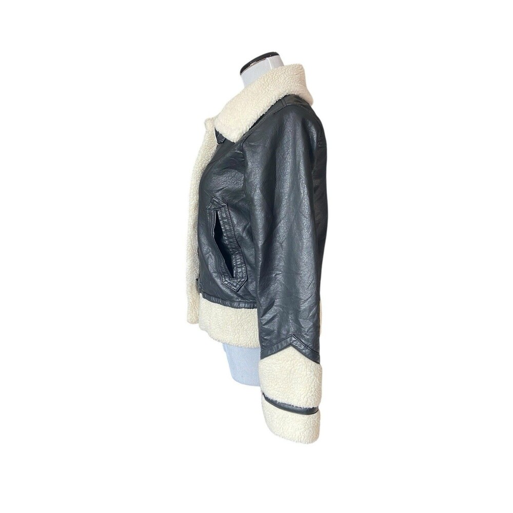 Womens Y2K Faux Leather Sherpa Aviator Jacker Size XS Black Bratzcore Moto Retro - Picture 2 of 14